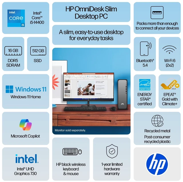 Alt view image 3 of 3 - HP Desktop PC OmniDesk Slim S03-0059 Intel Core i5-14400 16GB DDR5 512GB PCIe SSD Intel UHD Graphics 730 Windows 11 Home