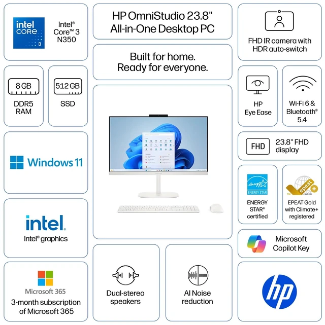 Alt view image 2 of 5 - HP OmniStudio All-in-One 24-cu000 Desktop 23.8" 1920 x 1080 Intel Core 3 N350 8-Core Intel Graphics 8GB DDR5 512GB SSD Windows 11 Home Bluetooth 5.3 Wi-Fi 6, Cashmere White