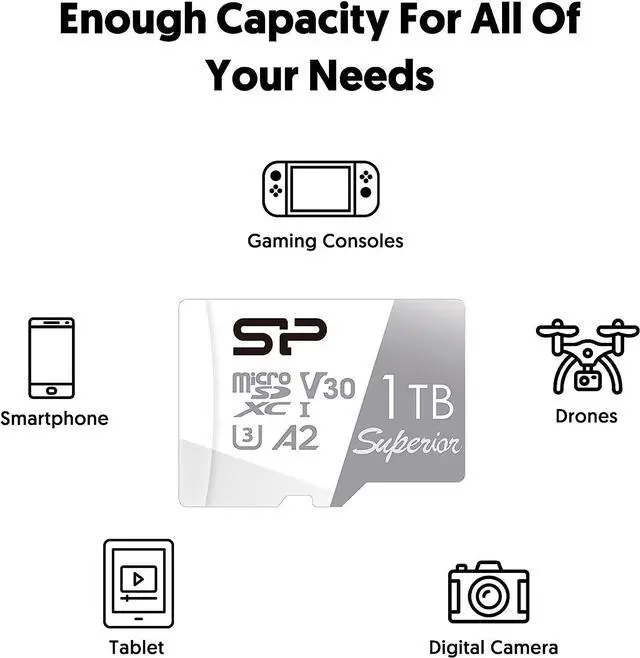 Alt view image 7 of 14 - Silicon Power 1TB Superior Micro SDXC UHS-I (U3), V30 4K A2, High Speed MicroSD Card with Adapter