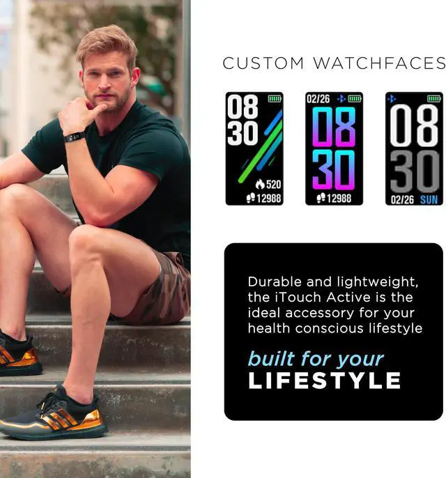 Alt view image 5 of 6 - Fitness Watch iTouch Active Heart Rate, Step Counter, Message, IP68 Swimming Waterproof for Women and Men, Touch Screen, Compatible with iPhone and Android (Tie Dye)
