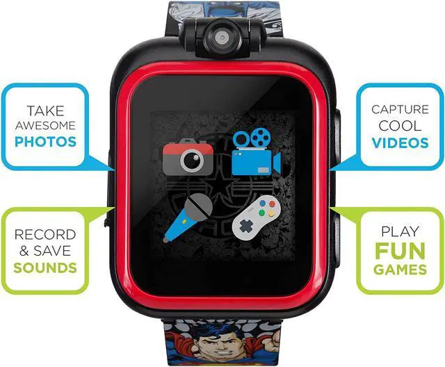 Alt view image 2 of 6 - Justice League Official Smartwatch for Kids by PlayZoom - Swivel Camera with Video Record, Educational Games and Activities, Alarm, Calendar, Stopwatch, and Camera Remote