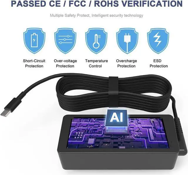 Alt view image 5 of 7 - 65W USB C Type for HP Chromebook Lenovo Acer Asus Samsung Power Laptop Charger
