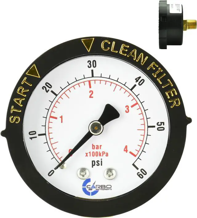 Main image of CARBO Instruments Water Pressure Gauge for Swimming Pool Filter, Spa, Aquarium, Well, Air, Oil, Gas  60 psi Plumbing Clean Filter Indicator with Dual Display & 1/4" NPT Brass Back Connection