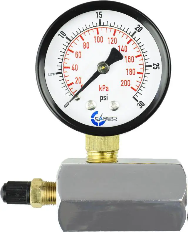 Main image of CARBO Instruments Gas Test Pressure Gauge 30 Pound, 30 PSI / 200 kPa, 3/4 FNPT Connection, Brass Valve, Chrome Plated Steel Body Assembly.