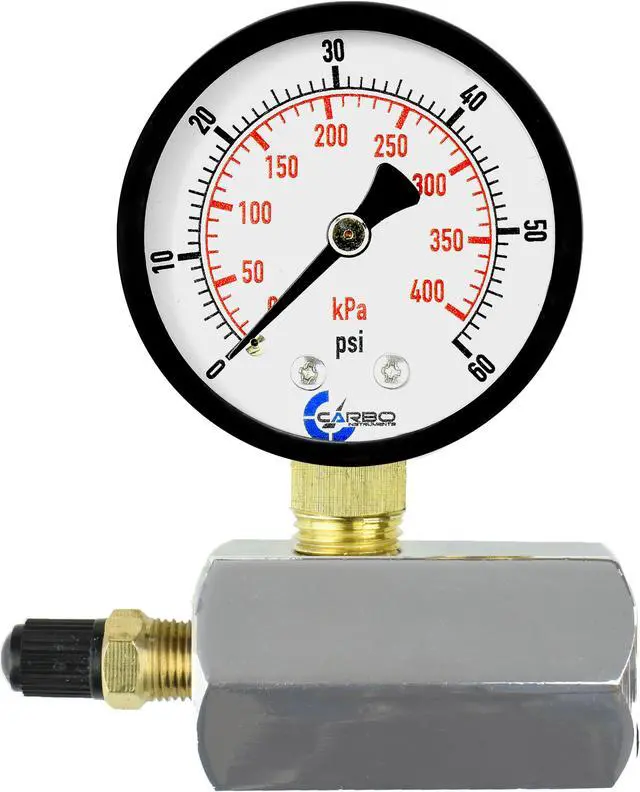 Main image of CARBO Instruments Gas Test Pressure Gauge 60 Pound, 60 PSI / 400 kPa, 3/4 FNPT Connection, Brass Valve, Chrome Plated Steel Body Assembly.