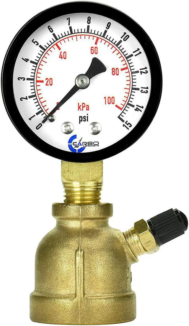 Main image of CARBO Instruments Gas Test Pressure Gauge 15 Pound, 15 PSI / 100 kPa, 3/4 FNPT Connection, Brass Valve, Forged Brass Bell Shape Body Assembly.