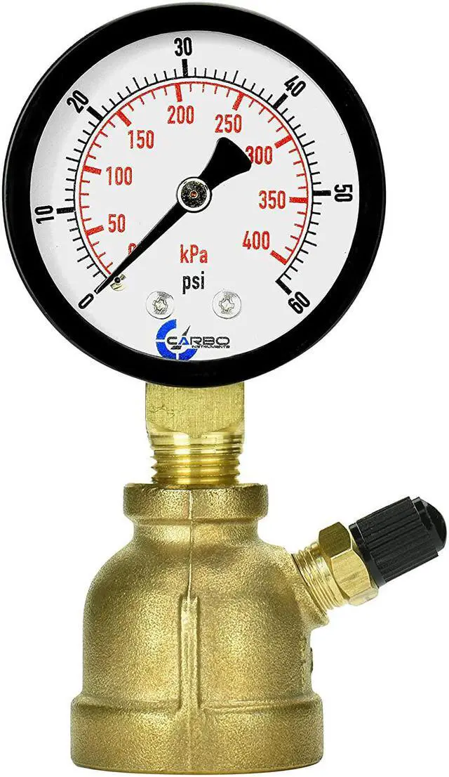 Main image of CARBO Instruments Gas Test Pressure Gauge 60 Pound, 60 PSI / 400 kPa, 3/4 FNPT Connection, Brass Valve, Forged Brass Bell Shape Body Assembly.