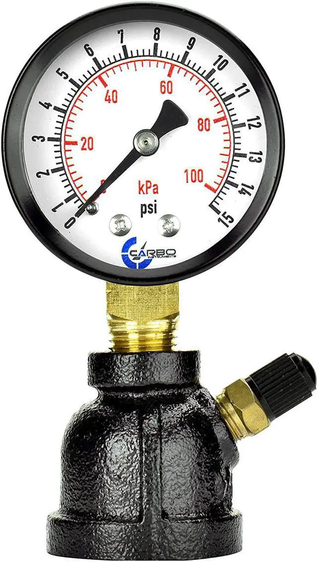 Main image of CARBO Instruments Gas Test Pressure Gauge 15 Pound, 15 PSI / 100 kPa, 3/4 FNPT Connection, Brass Valve, Forged Steel Bell Shape Body Assembly.