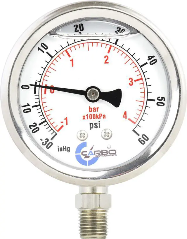 Main image of CARBO Instruments Stainless Steel Pressure Gauge Dual Display (-30 Hg - 0-60 psi/kPa) - 2 1-2" Glycerine Liquid Filled Water Air Oil Gas Gauge with Polycarbonate Lens - Compound Vacuum - 1/4" NPT