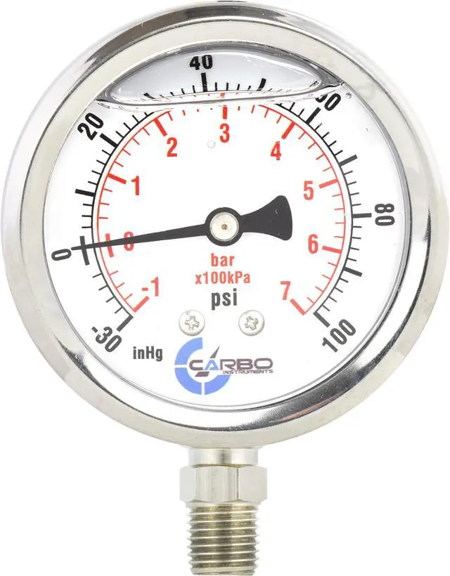 Main image of CARBO Instruments Stainless Steel Pressure Gauge Dual Display (-30 / 0 / +100 inHg/psi/kPa) - 2 1-2" Glycerine Liquid Filled Water Air Oil Gas Gauge with Polycarbonate Lens - Compound Vacuum -1/4" NPT