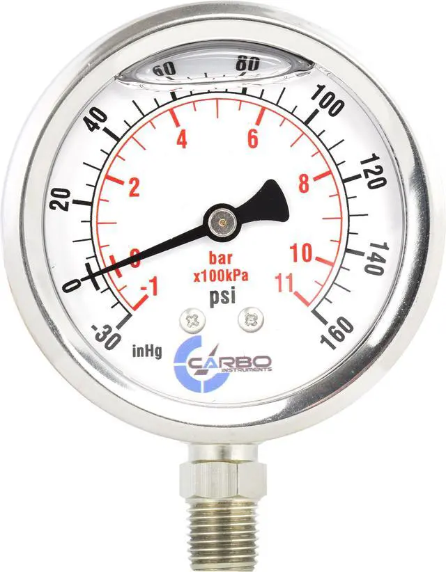 Main image of CARBO Instruments Stainless Steel Pressure Gauge Dual Display (-30 Hg - 0-160 psi/kPa) - 2 1-2" Glycerine Liquid Filled Water Air Oil Gas Gauge with Polycarbonate Lens - Compound Vacuum - 1/4" NPT