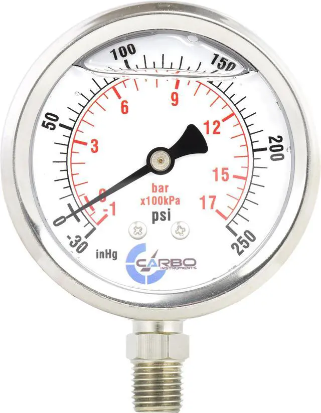 Main image of CARBO Instruments Stainless Steel Pressure Gauge Dual Display (-30 Hg - 0-250 psi/kPa) - 2 1-2" Glycerine Liquid Filled Water Air Oil Gas Gauge with Polycarbonate Lens - Compound Vacuum - 1/4" NPT