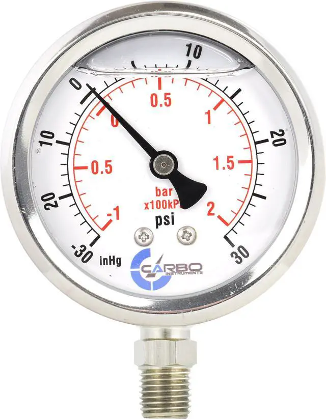 Main image of CARBO Instruments Stainless Steel Pressure Gauge Dual Display (-30 Hg - 0-30 psi/kPa) - 2 1-2" Glycerine Liquid Filled Water Air Oil Gas Gauge with Polycarbonate Lens & Brass Connection - 1/4" NPT