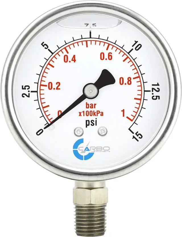 Main image of CARBO Instruments Stainless Steel Pressure Gauge Dual Display (0-15 psi/kPa) - 2 1-2" Glycerine Liquid Filled Water Air Oil Gas Gauge with Polycarbonate Lens & Brass Connection - 1/4" NPT