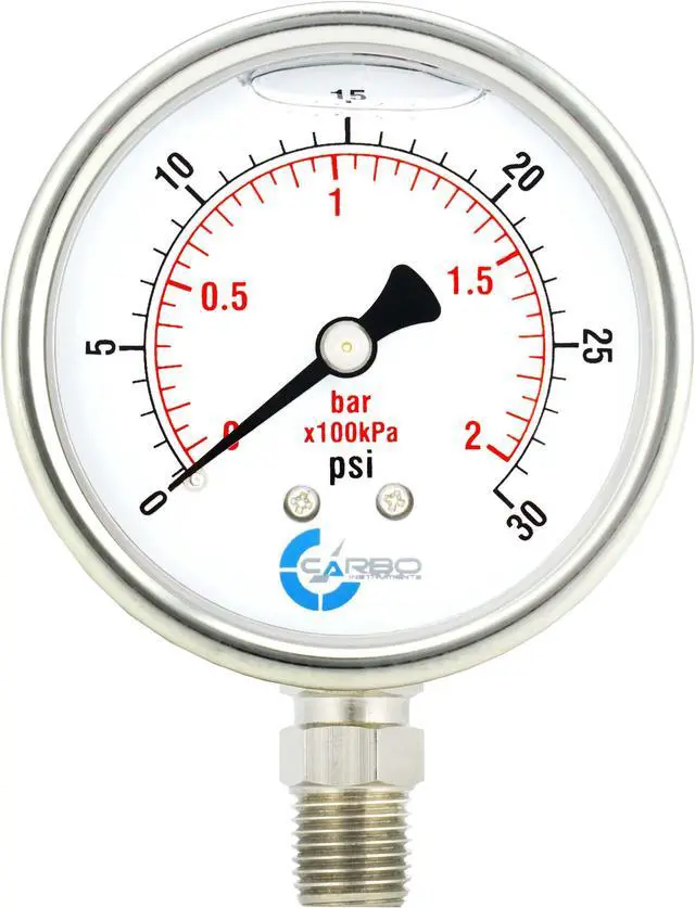Main image of CARBO Instruments Stainless Steel Pressure Gauge Dual Display (0-30 psi/kPa) - 2 1-2" Glycerine Liquid Filled Water Air Oil Gas Gauge with Polycarbonate Lens & Brass Connection - 1/4" NPT Lower Mount