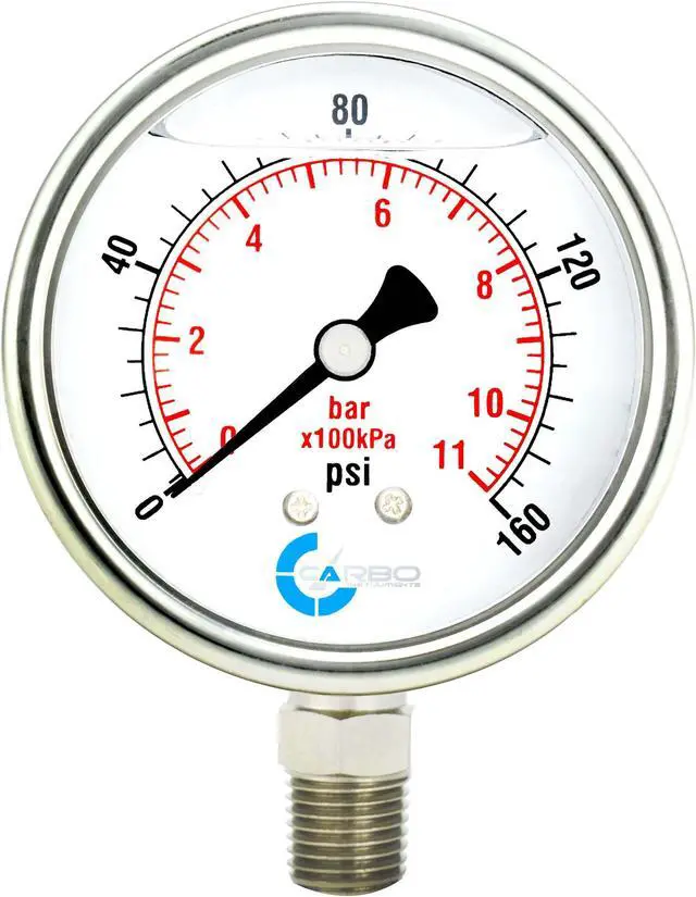 Main image of CARBO Instruments Stainless Steel Pressure Gauge Dual Display (0-160 psi/kPa) - 2 1-2" Glycerine Liquid Filled Water Air Oil Gas Gauge with Polycarbonate Lens & Brass Connection - 1/4" NPT Lower Mount