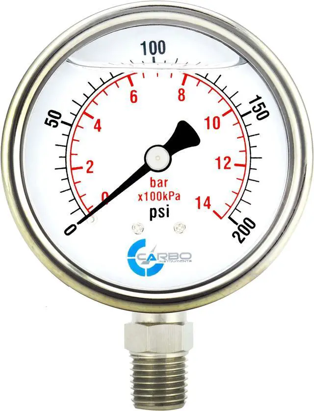 Main image of CARBO Instruments Stainless Steel Pressure Gauge Dual Display (0-200 psi/kPa) - 2 1-2" Glycerine Liquid Filled Water Air Oil Gas Gauge with Polycarbonate Lens & Brass Connection - 1/4" NPT Lower Mount