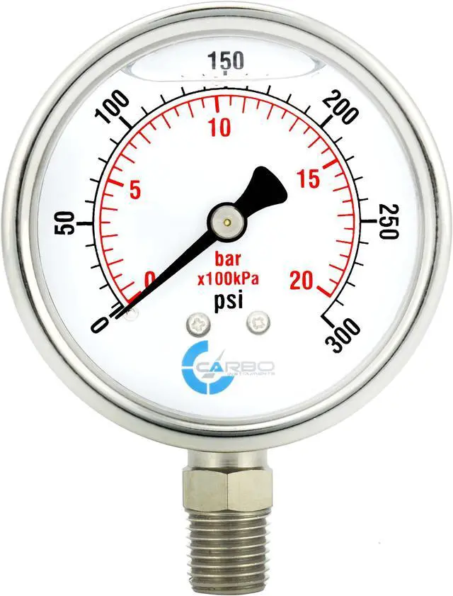 Main image of CARBO Instruments Stainless Steel Pressure Gauge Dual Display (0-300 psi/kPa) - 2 1-2" Glycerine Liquid Filled Water Air Oil Gas Gauge with Polycarbonate Lens & Brass Connection - 1/4" NPT Lower Mount