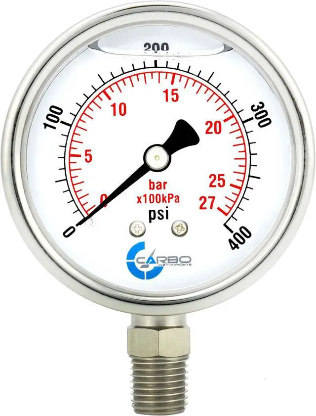 Main image of CARBO Instruments Stainless Steel Pressure Gauge Dual Display (0-400 psi/kPa) - 2 1-2" Glycerine Liquid Filled Water Air Oil Gas Gauge with Polycarbonate Lens & Brass Connection - 1/4" NPT Lower Mount