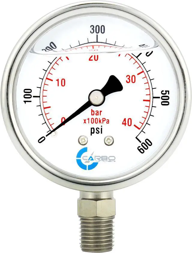 Main image of CARBO Instruments Stainless Steel Pressure Gauge Dual Display (0-600 psi/kPa) - 2 1-2" Glycerine Liquid Filled Water Air Oil Gas Gauge with Polycarbonate Lens & Brass Connection - 1/4" NPT Lower Mount
