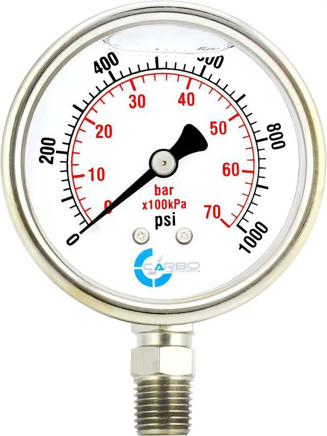 Main image of CARBO Instruments Stainless Steel Pressure Gauge Dual Display (0-1000 psi/kPa) - 2 1-2" Glycerine Liquid Filled Water Air Oil Gas Gauge with Polycarbonate Lens & Brass Connection -1/4" NPT Lower Mount