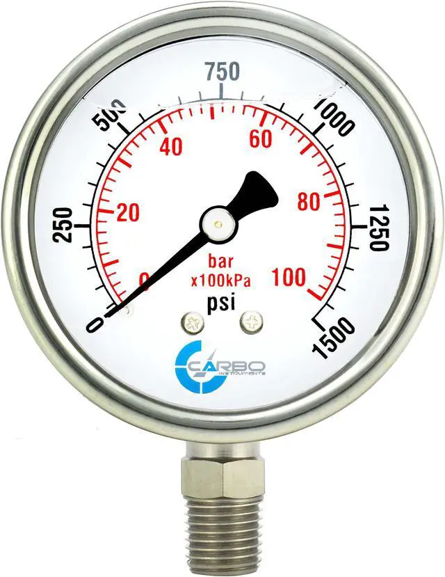 Main image of CARBO Instruments Stainless Steel Pressure Gauge Dual Display (0-1500 psi /kPa) - 2 1-2" Glycerine Liquid Filled Water Air Oil Gas Gauge with Polycarbonate Lens & Brass Connection-1/4" NPT Lower Mount