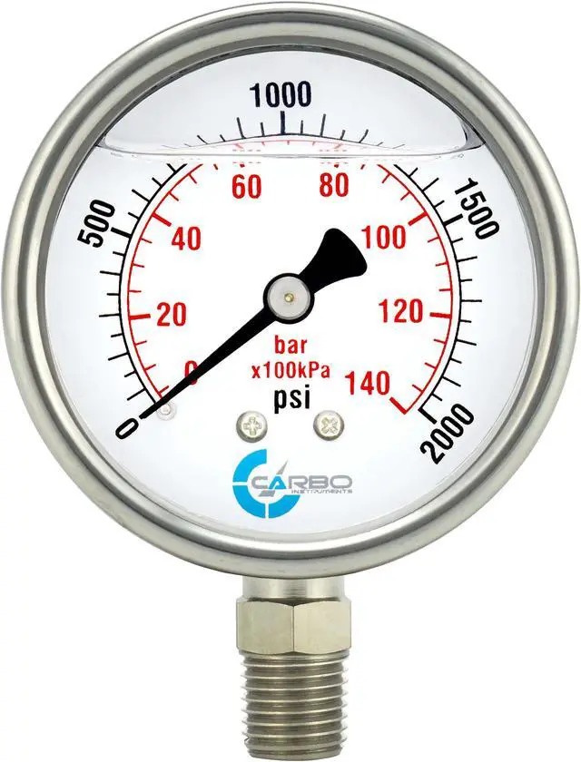 Main image of CARBO Instruments Stainless Steel Pressure Gauge Dual Display (0-2000 psi/kPa) - 2 1-2" Glycerine Liquid Filled Water Air Oil Gas Gauge with Polycarbonate Lens & Brass Connection -1/4" NPT Lower Mount