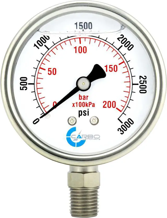 Main image of CARBO Instruments Stainless Steel Pressure Gauge Dual Display (0-3000 psi/kPa) - 2 1-2" Glycerine Liquid Filled Water Air Oil Gas Gauge with Polycarbonate Lens & Brass Connection -1/4" NPT Lower Mount