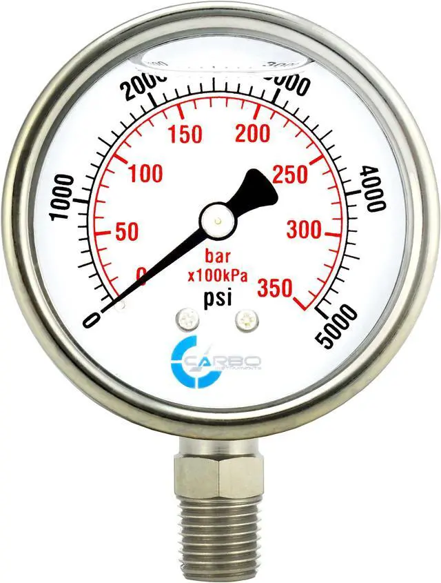 Main image of CARBO Instruments Stainless Steel Pressure Gauge Dual Display (0-5000 psi/kPa) - 2 1-2" Glycerine Liquid Filled Water Air Oil Gas Gauge with Polycarbonate Lens & Brass Connection -1/4" NPT Lower Mount