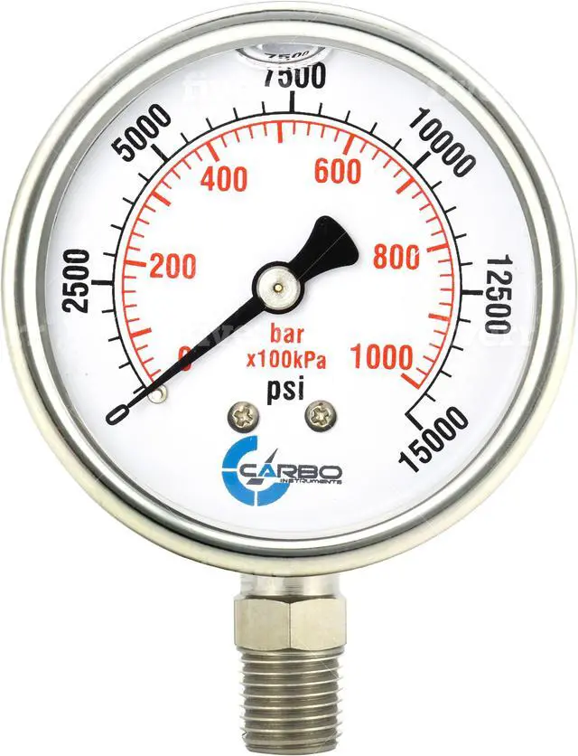 Main image of CARBO Instruments Stainless Steel Pressure Gauge Dual Display (15000 psi /kPa) - 2 1-2" Glycerine Liquid Filled Water Air Oil Gas Gauge with Polycarbonate Lens & Brass Connection -1/4" NPT Lower Mount