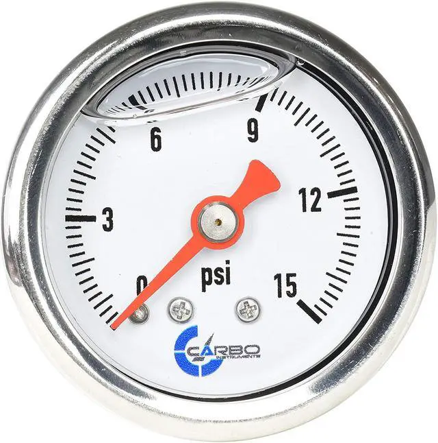 Main image of CARBO Instruments 1-1/2" Fuel Pressure Gauge, Stainless Steel Case 304, Chrome Plated Brass Connection, Glycerin Filled, 0-15 Psi, Accuracy 3-2-3%, Back Mount 1/8" NPT