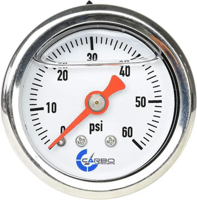 Main image of CARBO Instruments 1-1/2" Fuel Pressure Gauge, Stainless Steel Case 304, Chrome Plated Brass Connection, Glycerin Filled, 0-60 Psi, Accuracy 3-2-3%, Back Mount 1/8" NPT