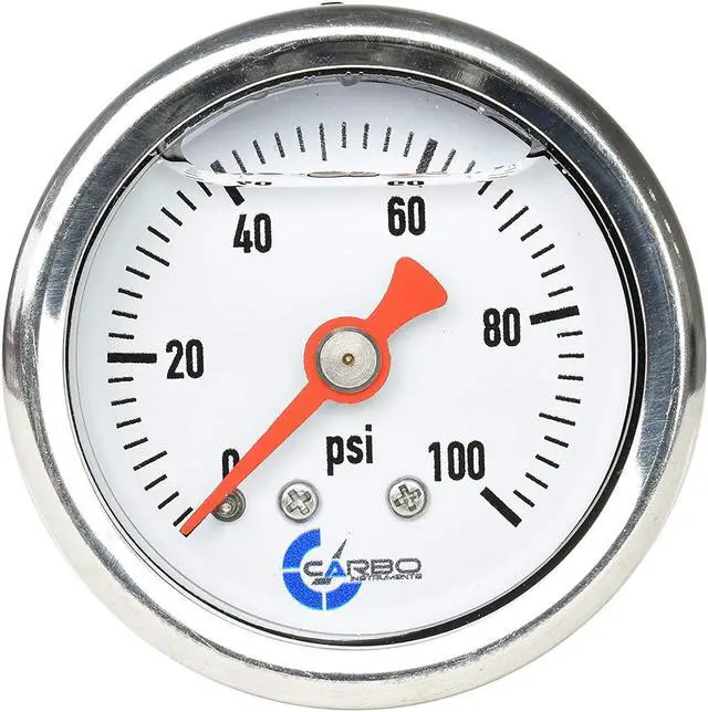Main image of CARBO Instruments 1-1/2" Fuel Pressure Gauge, Stainless Steel Case 304, Chrome Plated Brass Connection, Glycerin Filled, 0-100 Psi, Accuracy 3-2-3%, Back Mount 1/8" NPT