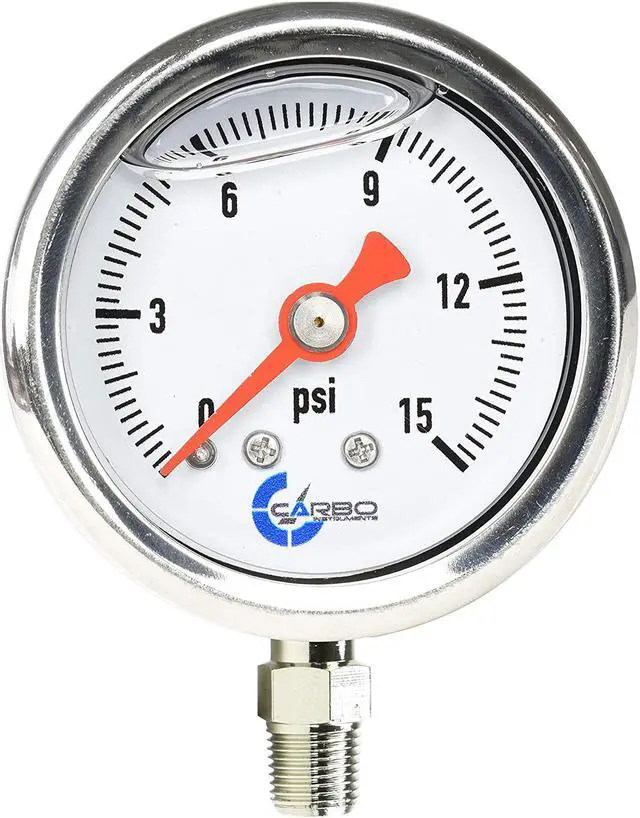 Main image of CARBO Instruments 1-1/2" Fuel Pressure Gauge, Stainless Steel Case 304, Chrome Plated Brass Connection, Glycerin Filled, 0-15 Psi, Accuracy 3-2-3%, Lower Mount 1/8" NPT