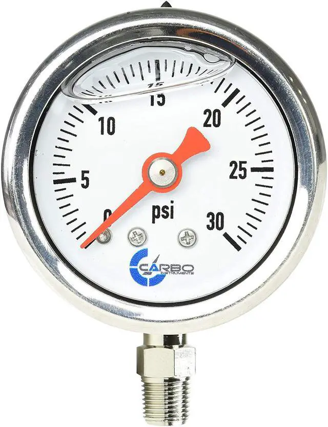 Main image of CARBO Instruments 1-1/2" Fuel Pressure Gauge, Stainless Steel Case 304, Chrome Plated Brass Connection, Glycerin Filled, 0-30 Psi, Accuracy 3-2-3%, Lower Mount 1/8" NPT