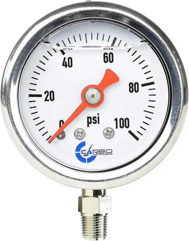 Main image of CARBO Instruments 1-1/2" Fuel Pressure Gauge, Stainless Steel Case 304, Chrome Plated Brass Connection, Glycerin Filled, 0-100 Psi, Accuracy 3-2-3%, Lower Mount 1/8" NPT