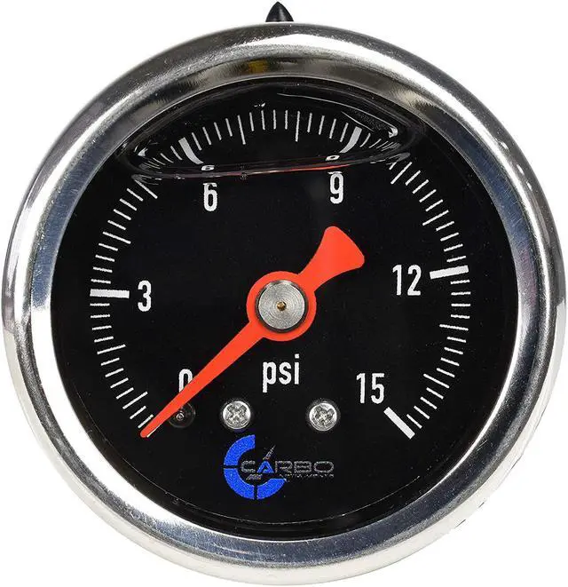 Main image of CARBO Instruments 1-1/2" Fuel Pressure Gauge, Stainless Steel Case 304, Chrome Plated Brass Connection, Glycerin Filled, 0-15 Psi, Accuracy 3-2-3%, Back Mount 1/8" NPT Black Dial