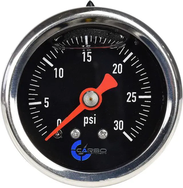 Main image of CARBO Instruments 1-1/2" Fuel Pressure Gauge, Stainless Steel Case 304, Chrome Plated Brass Connection, Glycerin Filled, 0-30 Psi, Accuracy 3-2-3%, Back Mount 1/8" NPT Black Dial