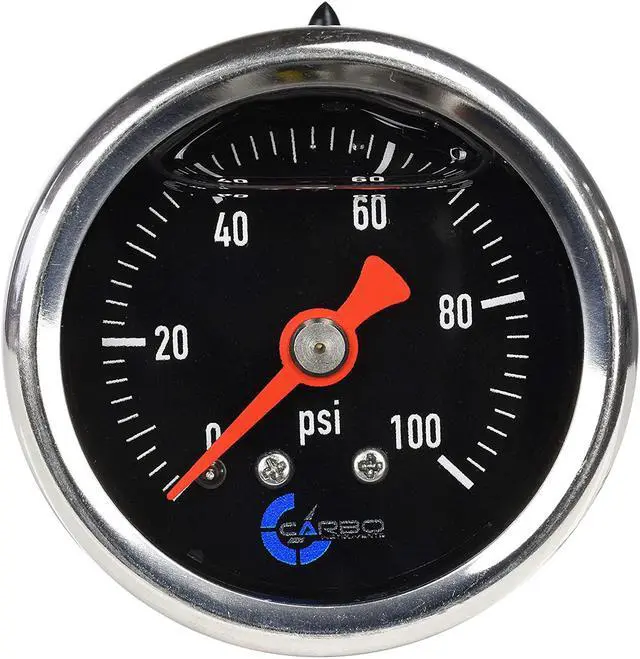 Main image of CARBO Instruments 1-1/2" Fuel Pressure Gauge, Stainless Steel Case 304, Chrome Plated Brass Connection, Glycerin Filled, 0-100 Psi, Accuracy 3-2-3%, Back Mount 1/8" NPT Black Dial