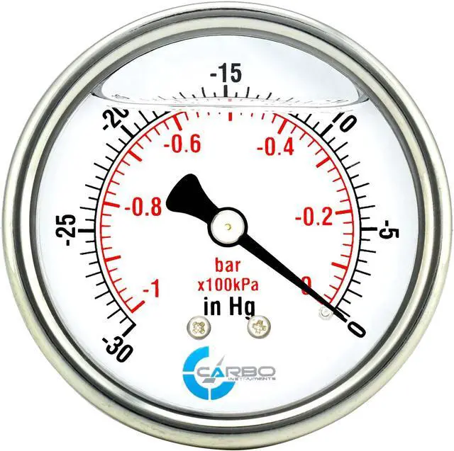 Main image of CARBO Instruments 2 1-2" Pressure Gauge, Stainless Steel Case, Chrome Plated Brass Connection, Liquid Filled, Vacuum -30 Hg/0, Back Mount 1/4" NPT