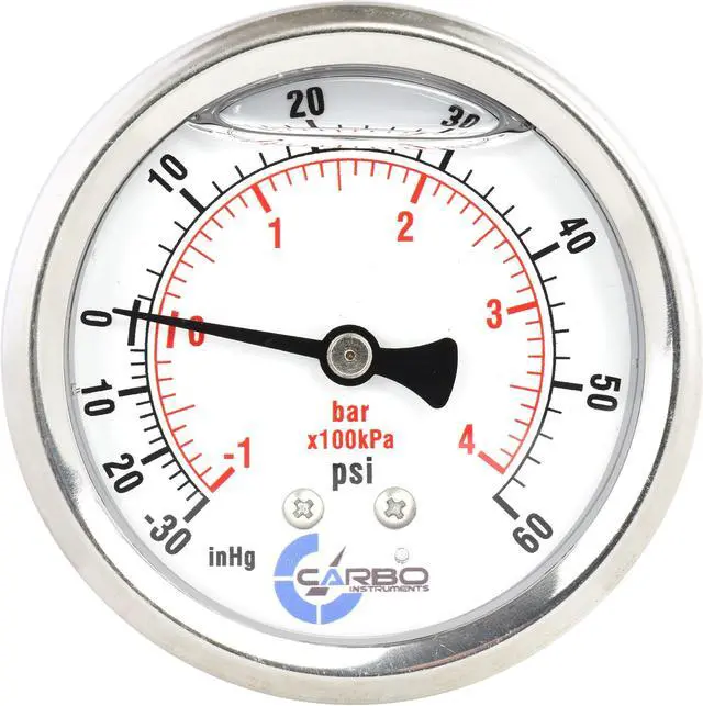 Main image of CARBO Instruments 2 1-2" Pressure Gauge, Stainless Steel Case, Chrome Plated Brass Connection, Liquid Filled, Compound Vacuum -30 Hg - 0-60 psi Back Mount 1/4" NPT