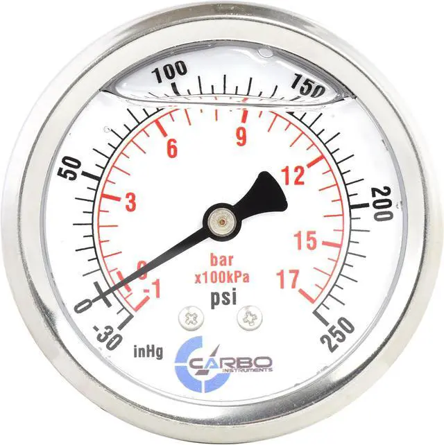 Main image of CARBO Instruments 2 1-2" Pressure Gauge, Stainless Steel Case, Chrome Plated Brass Connection, Liquid Filled, Compound Vacuum -30 Hg - 0-250 psi Back Mount 1/4" NPT