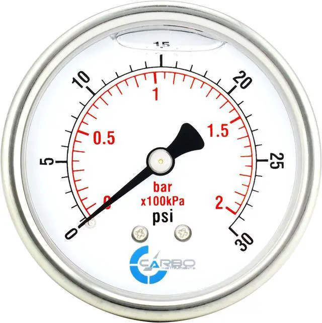 Main image of CARBO Instruments 2 1-2" Pressure Gauge, Stainless Steel Case, Chrome Plated Brass Connection, Liquid Filled, 0-30 psi/kPa, Back Mount 1/4" NPT