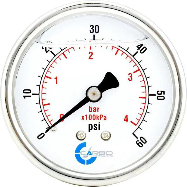 Main image of CARBO Instruments 2 1-2" Pressure Gauge, Stainless Steel Case, Chrome Plated Brass Connection, Liquid Filled, 0-60 psi/kPa, Back Mount 1/4" NPT
