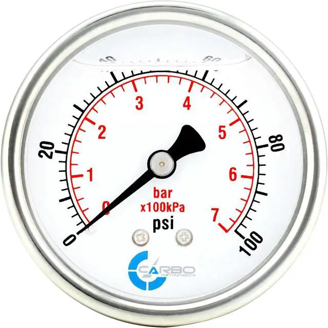 Main image of CARBO Instruments 2 1-2" Pressure Gauge, Stainless Steel Case, Chrome Plated Brass Connection, Liquid Filled, 0-100 psi/kPa, Back Mount 1/4" NPT