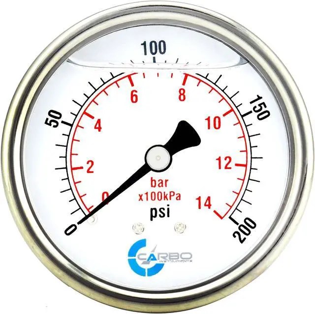 Main image of CARBO Instruments 2 1-2" Pressure Gauge, Stainless Steel Case, Chrome Plated Brass Connection, Liquid Filled, 0-200 psi/kPa, Back Mount 1/4" NPT