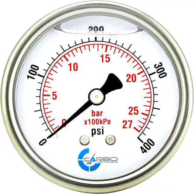 Main image of CARBO Instruments 2 1-2" Pressure Gauge, Stainless Steel Case, Chrome Plated Brass Connection, Liquid Filled, 0-400 psi/kPa, Back Mount 1/4" NPT