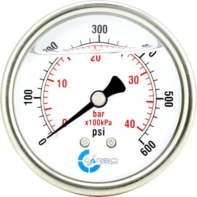 Main image of CARBO Instruments 2 1-2" Pressure Gauge, Stainless Steel Case, Chrome Plated Brass Connection, Liquid Filled, 0-600 psi/kPa, Back Mount 1/4" NPT
