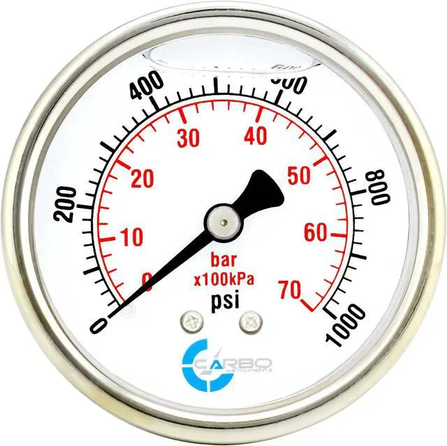 Main image of CARBO Instruments 2 1-2" Pressure Gauge, Stainless Steel Case, Chrome Plated Brass Connection, Liquid Filled, 0-1000 psi/kPa, Back Mount 1/4" NPT