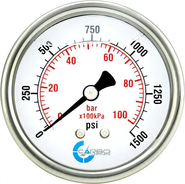 Main image of CARBO Instruments 2 1-2" Pressure Gauge, Stainless Steel Case, Chrome Plated Brass Connection, Liquid Filled, 0-1500 psi/kPa, Back Mount 1/4" NPT